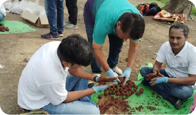 Participants shaping seedballs during outdoor CSR activity